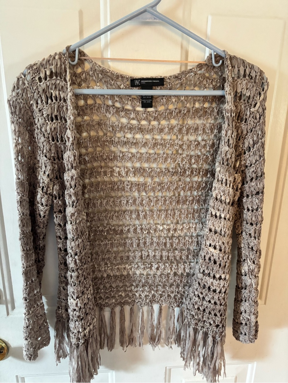 INC International Concepts Open-Knit Fringe Cardigan - Taupe